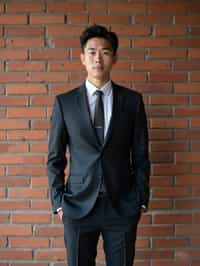 (full-body shot) of man in  sharp, tailored suit against a classic brick wall background