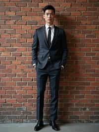 (full-body shot) of man in  sharp, tailored suit against a classic brick wall background