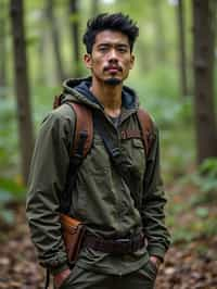 man with enticing allure in  rugged outdoor outfit in a serene forest setting