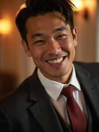 man with a seductive smile, donned in a  classy tie, under warm indoor lighting