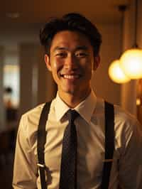 man with a seductive smile, donned in a  classy tie, under warm indoor lighting