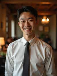 man with a seductive smile, donned in a  classy tie, under warm indoor lighting