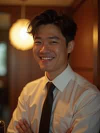 man with a seductive smile, donned in a  classy tie, under warm indoor lighting