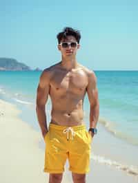 (full-body shot) of man in a  smart casual beach attire, posed against a vibrant beach setting