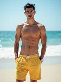 (full-body shot) of man in a  smart casual beach attire, posed against a vibrant beach setting