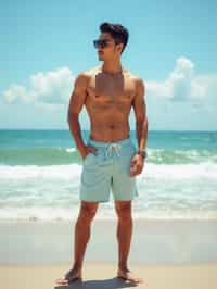 (full-body shot) of man in a  smart casual beach attire, posed against a vibrant beach setting