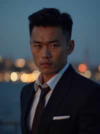 man with enticing gaze, adorned with  sharp, stylish suit against a twilight backdrop