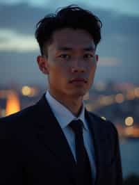 man with enticing gaze, adorned with  sharp, stylish suit against a twilight backdrop