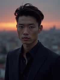 man with enticing gaze, adorned with  sharp, stylish suit against a twilight backdrop