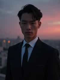 man with enticing gaze, adorned with  sharp, stylish suit against a twilight backdrop