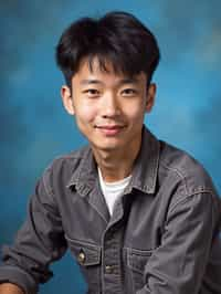 (school portrait) photo headshot of a young 18 y o man in 1990s style, nineties style, 90s, 1990s fashion, 1990s hair, school, man is sitting and posing for a (yearbook) picture, blue yearbook background, official school yearbook photo, man sitting (looking straight into camera), (school shoot), (inside), blue yearbook background