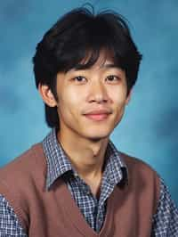 (school portrait) photo headshot of a young 18 y o man in 1990s style, nineties style, 90s, 1990s fashion, 1990s hair, school, man is sitting and posing for a (yearbook) picture, blue yearbook background, official school yearbook photo, man sitting (looking straight into camera), (school shoot), (inside), blue yearbook background