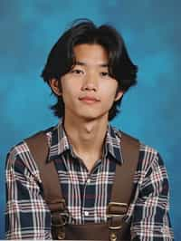 (school portrait) photo headshot of a young 18 y o man in 1990s style, nineties style, 90s, 1990s fashion, 1990s hair, school, man is sitting and posing for a (yearbook) picture, blue yearbook background, official school yearbook photo, man sitting (looking straight into camera), (school shoot), (inside), blue yearbook background