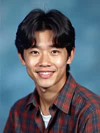 (school portrait) photo headshot of a young 18 y o man in 1990s style, nineties style, 90s, 1990s fashion, 1990s hair, school, man is sitting and posing for a (yearbook) picture, blue yearbook background, official school yearbook photo, man sitting (looking straight into camera), (school shoot), (inside), blue yearbook background