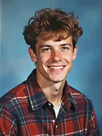 (school portrait) photo headshot of a young 18 y o man in 1990s style, nineties style, 90s, 1990s fashion, 1990s hair, school, man is sitting and posing for a (yearbook) picture, blue yearbook background, official school yearbook photo, man sitting (looking straight into camera), (school shoot), (inside), blue yearbook background