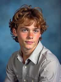 (school portrait) photo headshot of a young 18 y o man in 1990s style, nineties style, 90s, 1990s fashion, 1990s hair, school, man is sitting and posing for a (yearbook) picture, blue yearbook background, official school yearbook photo, man sitting (looking straight into camera), (school shoot), (inside), blue yearbook background