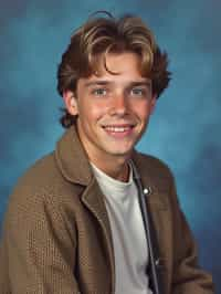 (school portrait) photo headshot of a young 18 y o man in 1990s style, nineties style, 90s, 1990s fashion, 1990s hair, school, man is sitting and posing for a (yearbook) picture, blue yearbook background, official school yearbook photo, man sitting (looking straight into camera), (school shoot), (inside), blue yearbook background