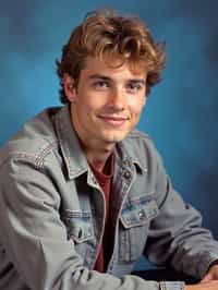 (school portrait) photo headshot of a young 18 y o man in 1990s style, nineties style, 90s, 1990s fashion, 1990s hair, school, man is sitting and posing for a (yearbook) picture, blue yearbook background, official school yearbook photo, man sitting (looking straight into camera), (school shoot), (inside), blue yearbook background