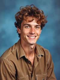 (school portrait) photo headshot of a young 18 y o man in 1990s style, nineties style, 90s, 1990s fashion, 1990s hair, school, man is sitting and posing for a (yearbook) picture, blue yearbook background, official school yearbook photo, man sitting (looking straight into camera), (school shoot), (inside), blue yearbook background