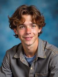 (school portrait) photo headshot of a young 18 y o man in 1990s style, nineties style, 90s, 1990s fashion, 1990s hair, school, man is sitting and posing for a (yearbook) picture, blue yearbook background, official school yearbook photo, man sitting (looking straight into camera), (school shoot), (inside), blue yearbook background