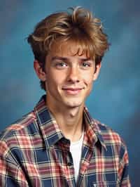 (school portrait) photo headshot of a young 18 y o man in 1990s style, nineties style, 90s, 1990s fashion, 1990s hair, school, man is sitting and posing for a (yearbook) picture, blue yearbook background, official school yearbook photo, man sitting (looking straight into camera), (school shoot), (inside), blue yearbook background