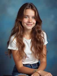 (school portrait) photo headshot of a young 18 y o woman in 1990s style, nineties style, 90s, 1990s fashion, 1990s hair, school, woman is sitting and posing for a (yearbook) picture, blue yearbook background, official school yearbook photo, woman sitting (looking straight into camera), (school shoot), (inside), blue yearbook background