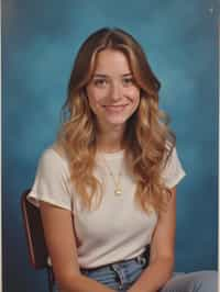 (school portrait) photo headshot of a young 18 y o woman in 1990s style, nineties style, 90s, 1990s fashion, 1990s hair, school, woman is sitting and posing for a (yearbook) picture, blue yearbook background, official school yearbook photo, woman sitting (looking straight into camera), (school shoot), (inside), blue yearbook background