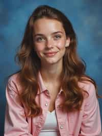 (school portrait) photo headshot of a young 18 y o woman in 1990s style, nineties style, 90s, 1990s fashion, 1990s hair, school, woman is sitting and posing for a (yearbook) picture, blue yearbook background, official school yearbook photo, woman sitting (looking straight into camera), (school shoot), (inside), blue yearbook background