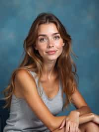 (school portrait) photo headshot of a young 18 y o woman in 1990s style, nineties style, 90s, 1990s fashion, 1990s hair, school, woman is sitting and posing for a (yearbook) picture, blue yearbook background, official school yearbook photo, woman sitting (looking straight into camera), (school shoot), (inside), blue yearbook background