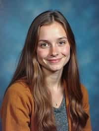 (school portrait) photo headshot of a young 18 y o woman in 1990s style, nineties style, 90s, 1990s fashion, 1990s hair, school, woman is sitting and posing for a (yearbook) picture, blue yearbook background, official school yearbook photo, woman sitting (looking straight into camera), (school shoot), (inside), blue yearbook background