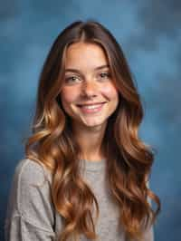 (school portrait) photo headshot of a young 18 y o woman in 1990s style, nineties style, 90s, 1990s fashion, 1990s hair, school, woman is sitting and posing for a (yearbook) picture, blue yearbook background, official school yearbook photo, woman sitting (looking straight into camera), (school shoot), (inside), blue yearbook background