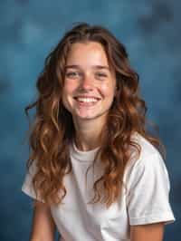 (school portrait) photo headshot of a young 18 y o woman in 1990s style, nineties style, 90s, 1990s fashion, 1990s hair, school, woman is sitting and posing for a (yearbook) picture, blue yearbook background, official school yearbook photo, woman sitting (looking straight into camera), (school shoot), (inside), blue yearbook background