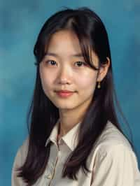 (school portrait) photo headshot of a young 18 y o woman in 1990s style, nineties style, 90s, 1990s fashion, 1990s hair, school, woman is sitting and posing for a (yearbook) picture, blue yearbook background, official school yearbook photo, woman sitting (looking straight into camera), (school shoot), (inside), blue yearbook background