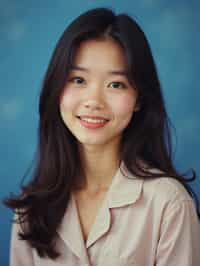 (school portrait) photo headshot of a young 18 y o woman in 1990s style, nineties style, 90s, 1990s fashion, 1990s hair, school, woman is sitting and posing for a (yearbook) picture, blue yearbook background, official school yearbook photo, woman sitting (looking straight into camera), (school shoot), (inside), blue yearbook background