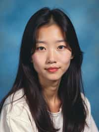 (school portrait) photo headshot of a young 18 y o woman in 1990s style, nineties style, 90s, 1990s fashion, 1990s hair, school, woman is sitting and posing for a (yearbook) picture, blue yearbook background, official school yearbook photo, woman sitting (looking straight into camera), (school shoot), (inside), blue yearbook background