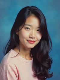 (school portrait) photo headshot of a young 18 y o woman in 1990s style, nineties style, 90s, 1990s fashion, 1990s hair, school, woman is sitting and posing for a (yearbook) picture, blue yearbook background, official school yearbook photo, woman sitting (looking straight into camera), (school shoot), (inside), blue yearbook background