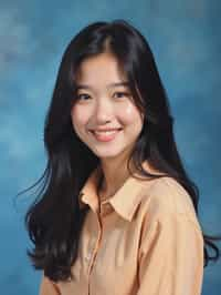 (school portrait) photo headshot of a young 18 y o woman in 1990s style, nineties style, 90s, 1990s fashion, 1990s hair, school, woman is sitting and posing for a (yearbook) picture, blue yearbook background, official school yearbook photo, woman sitting (looking straight into camera), (school shoot), (inside), blue yearbook background