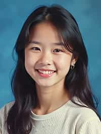 (school portrait) photo headshot of a young 18 y o woman in 1990s style, nineties style, 90s, 1990s fashion, 1990s hair, school, woman is sitting and posing for a (yearbook) picture, blue yearbook background, official school yearbook photo, woman sitting (looking straight into camera), (school shoot), (inside), blue yearbook background