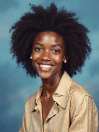 (school portrait) photo headshot of a young 18 y o woman in 1990s style, nineties style, 90s, 1990s fashion, 1990s hair, school, woman is sitting and posing for a (yearbook) picture, blue yearbook background, official school yearbook photo, woman sitting (looking straight into camera), (school shoot), (inside), blue yearbook background