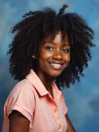 (school portrait) photo headshot of a young 18 y o woman in 1990s style, nineties style, 90s, 1990s fashion, 1990s hair, school, woman is sitting and posing for a (yearbook) picture, blue yearbook background, official school yearbook photo, woman sitting (looking straight into camera), (school shoot), (inside), blue yearbook background