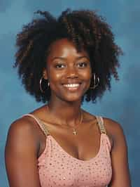 (school portrait) photo headshot of a young 18 y o woman in 1990s style, nineties style, 90s, 1990s fashion, 1990s hair, school, woman is sitting and posing for a (yearbook) picture, blue yearbook background, official school yearbook photo, woman sitting (looking straight into camera), (school shoot), (inside), blue yearbook background