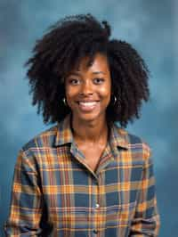 (school portrait) photo headshot of a young 18 y o woman in 1990s style, nineties style, 90s, 1990s fashion, 1990s hair, school, woman is sitting and posing for a (yearbook) picture, blue yearbook background, official school yearbook photo, woman sitting (looking straight into camera), (school shoot), (inside), blue yearbook background