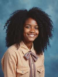 (school portrait) photo headshot of a young 18 y o woman in 1990s style, nineties style, 90s, 1990s fashion, 1990s hair, school, woman is sitting and posing for a (yearbook) picture, blue yearbook background, official school yearbook photo, woman sitting (looking straight into camera), (school shoot), (inside), blue yearbook background