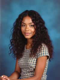 (school portrait) photo headshot of a young 18 y o woman in 1990s style, nineties style, 90s, 1990s fashion, 1990s hair, school, woman is sitting and posing for a (yearbook) picture, blue yearbook background, official school yearbook photo, woman sitting (looking straight into camera), (school shoot), (inside), blue yearbook background