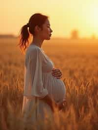 healthy pregnant woman in maternity photographs, beautiful pregnant woman, maternity photography in field of wheat. golden hour