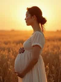 healthy pregnant woman in maternity photographs, beautiful pregnant woman, maternity photography in field of wheat. golden hour