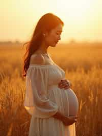 healthy pregnant woman in maternity photographs, beautiful pregnant woman, maternity photography in field of wheat. golden hour