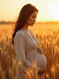 healthy pregnant woman in maternity photographs, beautiful pregnant woman, maternity photography in field of wheat. golden hour