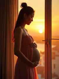 healthy pregnant woman in maternity photographs, beautiful pregnant woman, maternity photography in beautiful home. golden hour