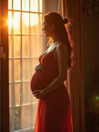 healthy pregnant woman in maternity photographs, beautiful pregnant woman, maternity photography in beautiful home. golden hour